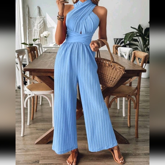 Ladies' Solid Color Off-Shoulder Jumpsuit With Halter, Casual Wear - Picture 1 of 6